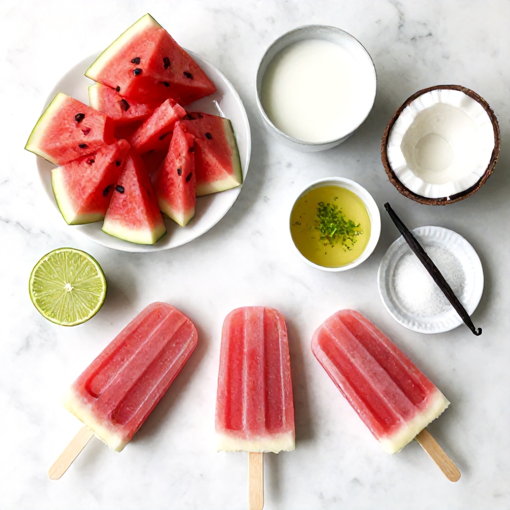 Watermelon, coconut milk, lime, and sugar arranged on a marble surface