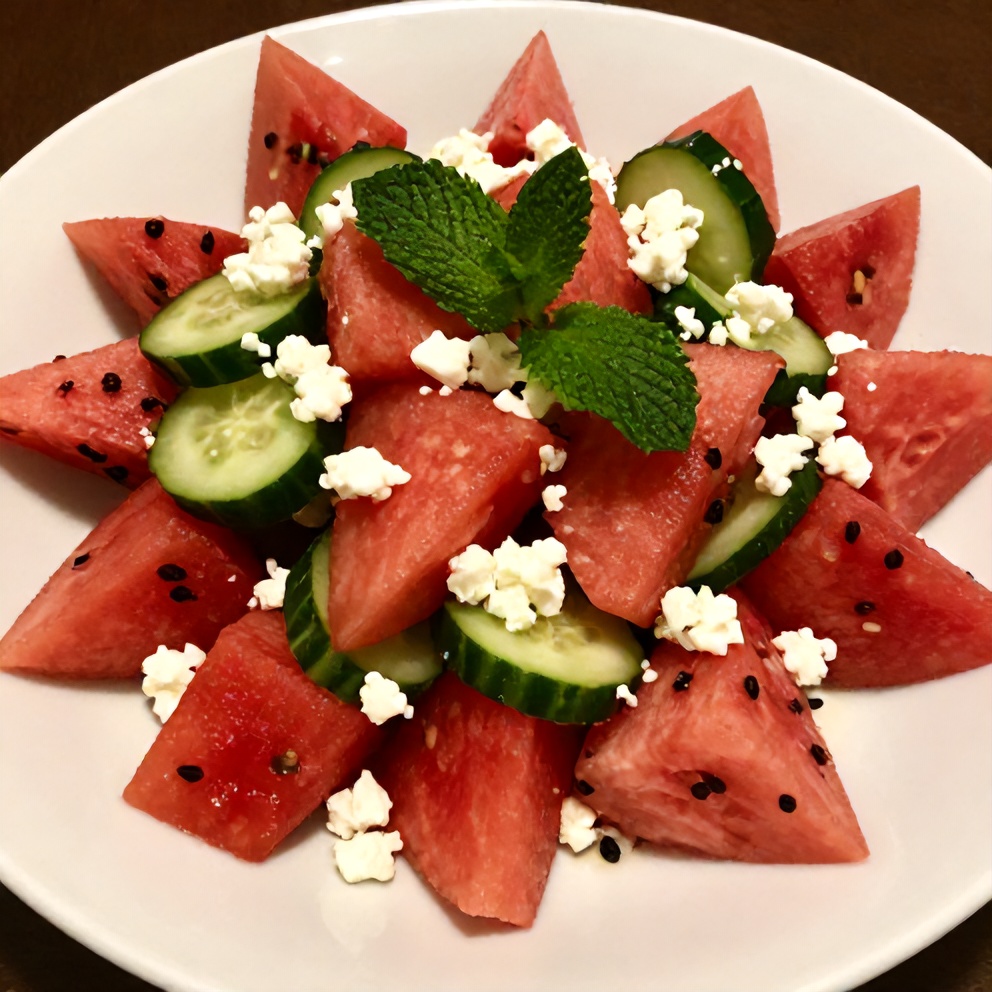Plated Watermelon Cucumber Salad with Feta and Mint