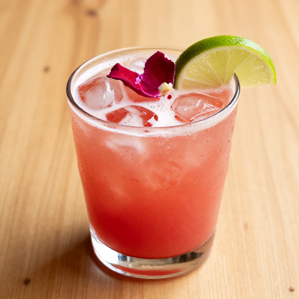 Watermelon Rose Cooler in a glass with ice, a slice of lime, and a rose petal garnish