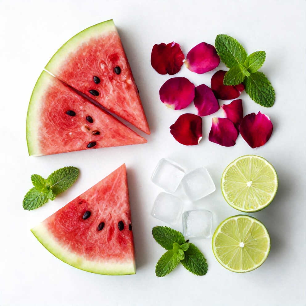 Watermelon slices, fresh rose petals, mint leaves, lime, and ice on a wooden surface