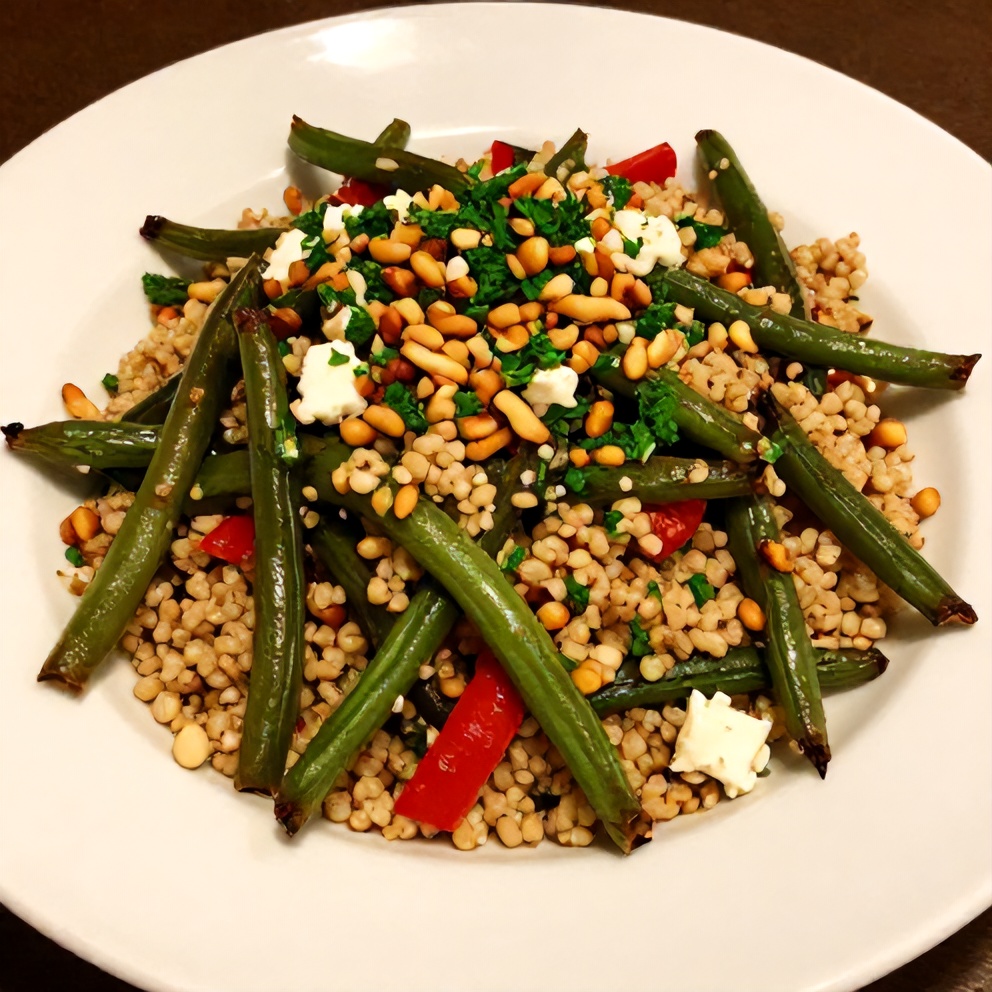 Plated roasted green bean quinoa salad with red pepper and feta