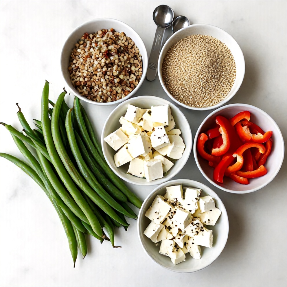 Raw ingredients for roasted green bean quinoa salad