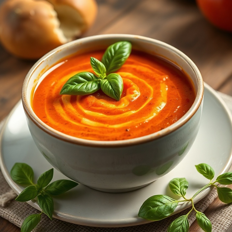 Perfect serving of roasted red pepper gouda soup in a ceramic bowl. Topped with fresh basil. Warm lighting highlights texture. No text or watermark.