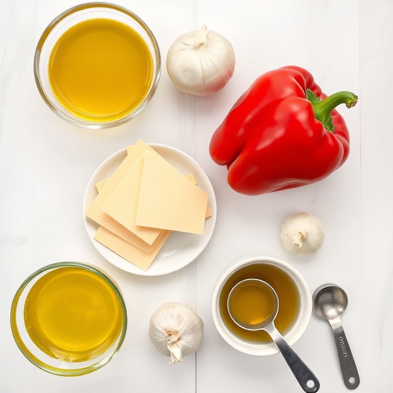 Overhead flat lay of red bell peppers, gouda cheese, onion, garlic, vegetable broth, and olive oil. Measuring spoons and bowls visible. Bright even light. No text or watermark.