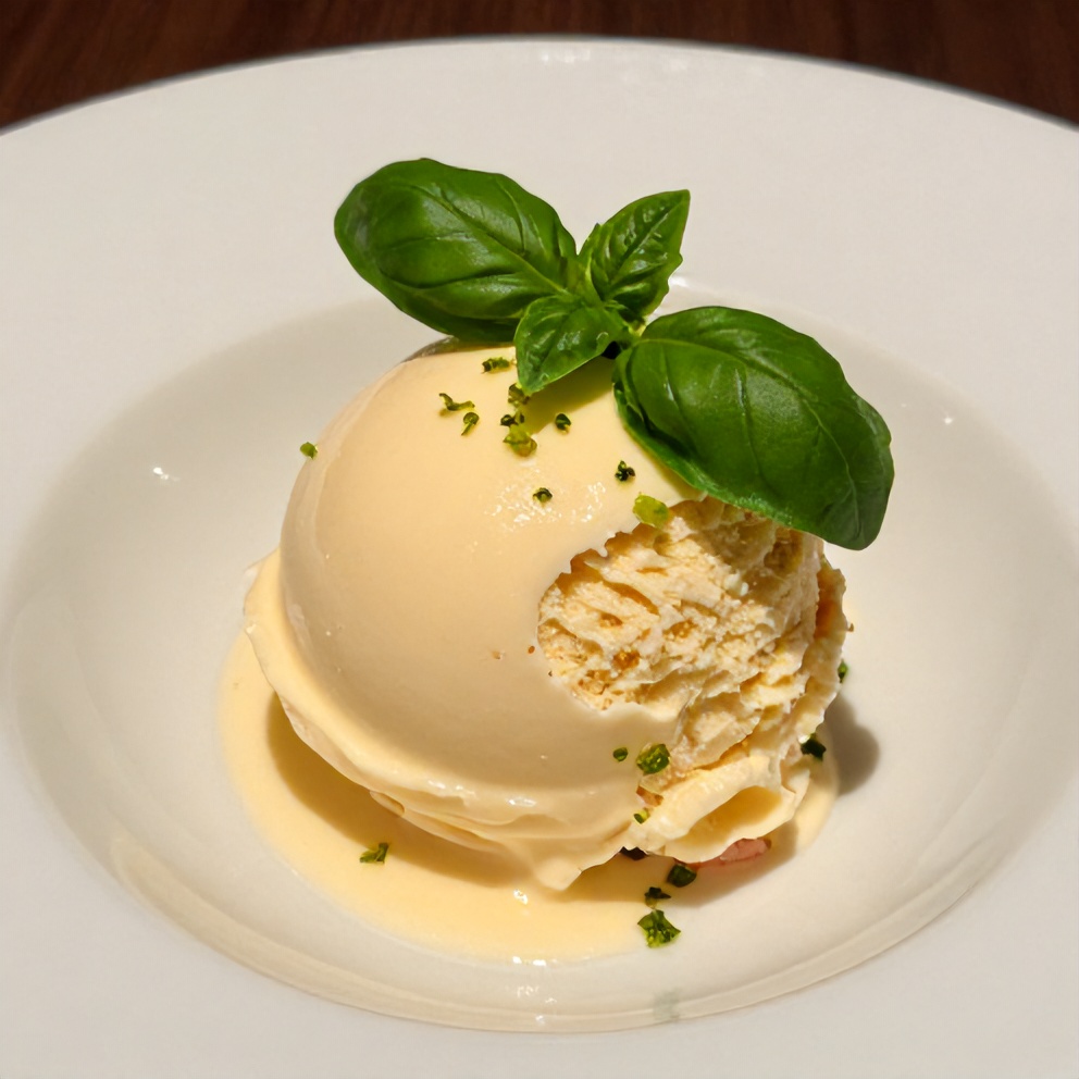 Plated serving of Roasted Strawberry Basil Ice Cream