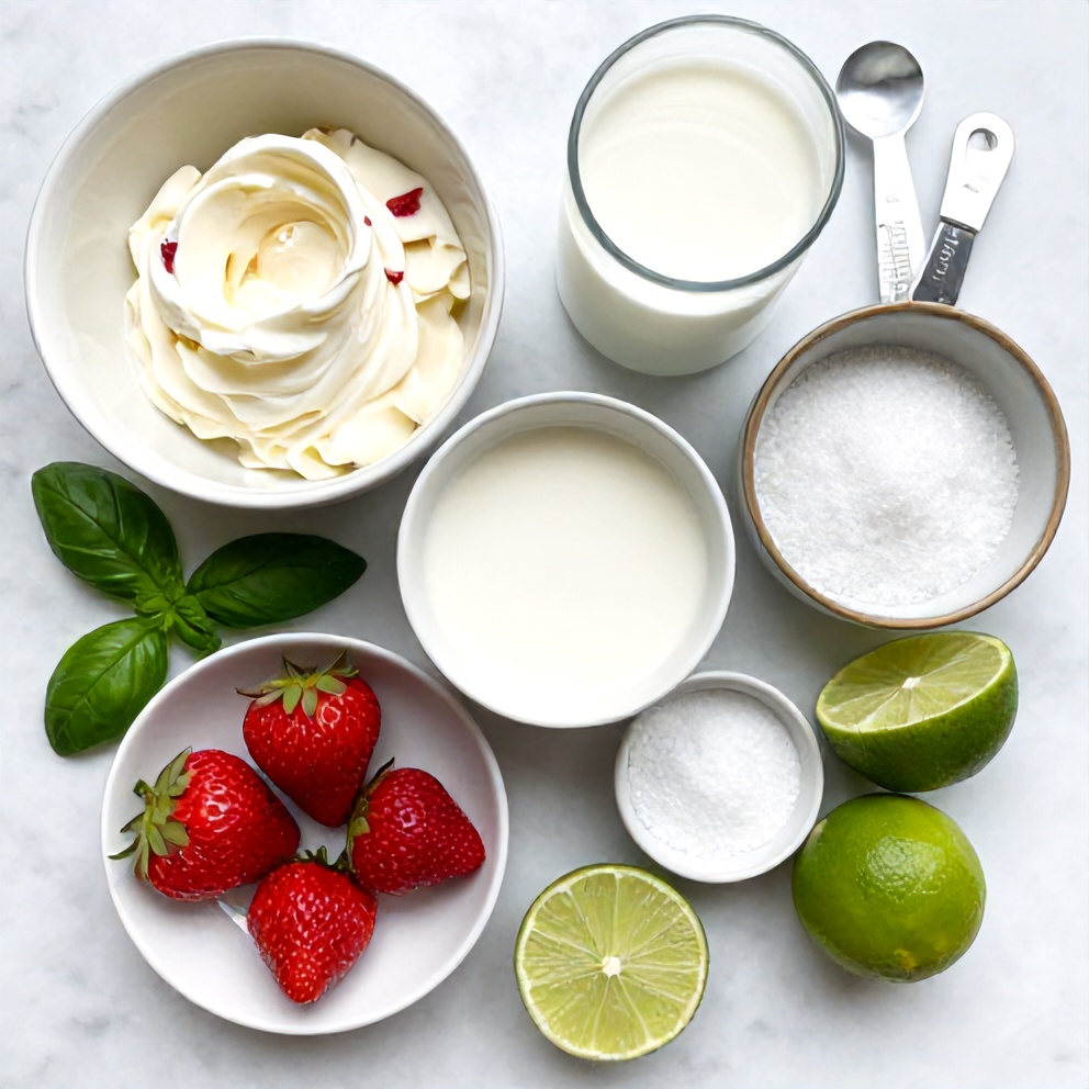 Raw ingredients for Roasted Strawberry Basil Ice Cream