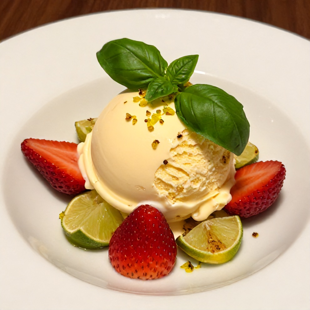 Plated Roasted Strawberry Lime Basil Ice Cream