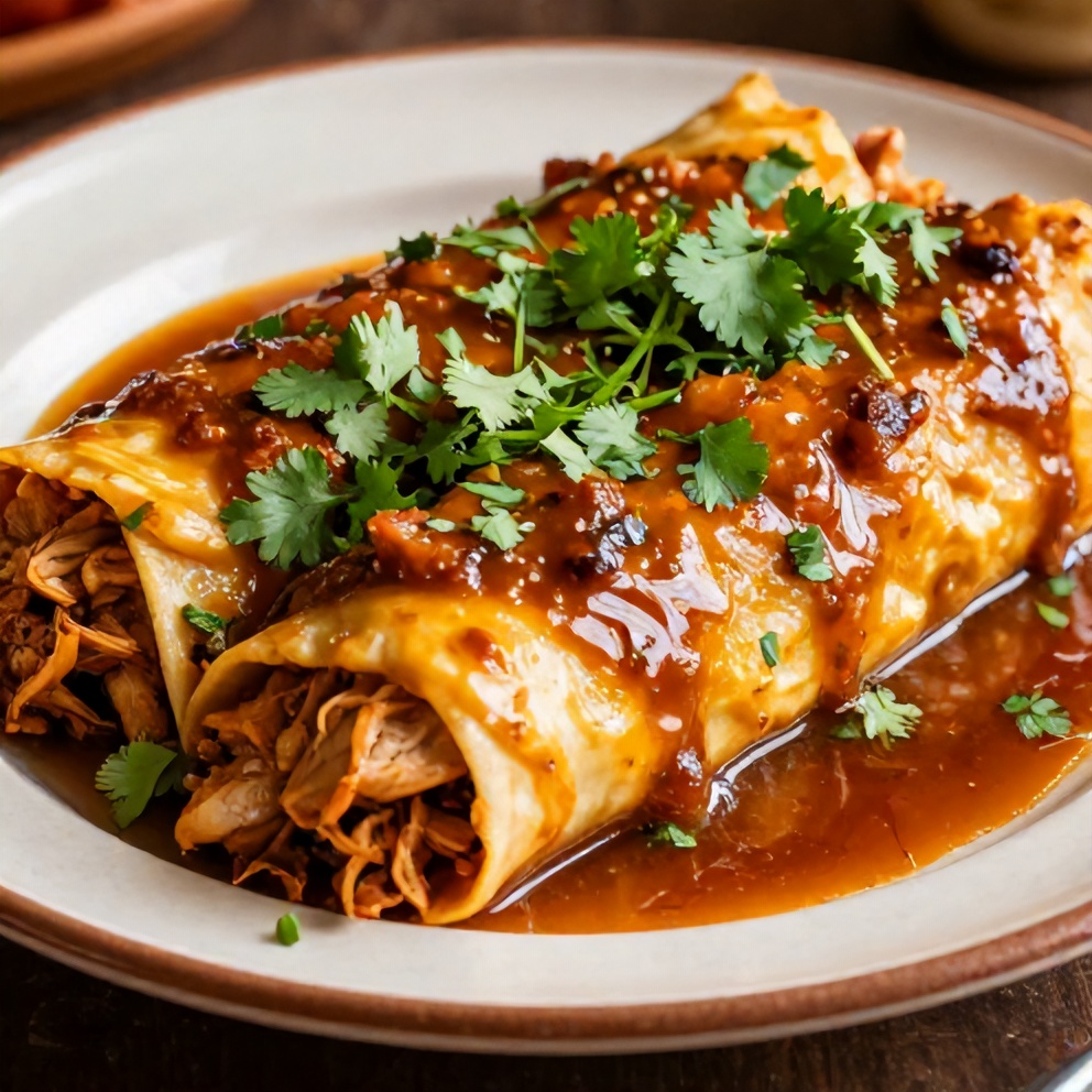 Plated Slow Cooker Chicken Enchiladas, garnished with fresh cilantro, on a rustic plate, warm side lighting