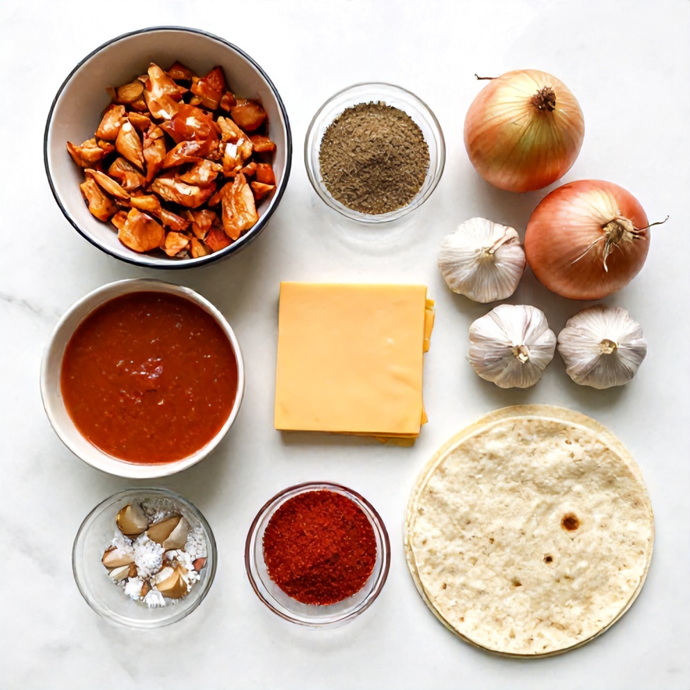 Raw ingredients for Slow Cooker Chicken Enchiladas: chicken, enchilada sauce, cheese, tortillas, onions, garlic, cumin, chili powder, and salt laid out on a white marble surface
