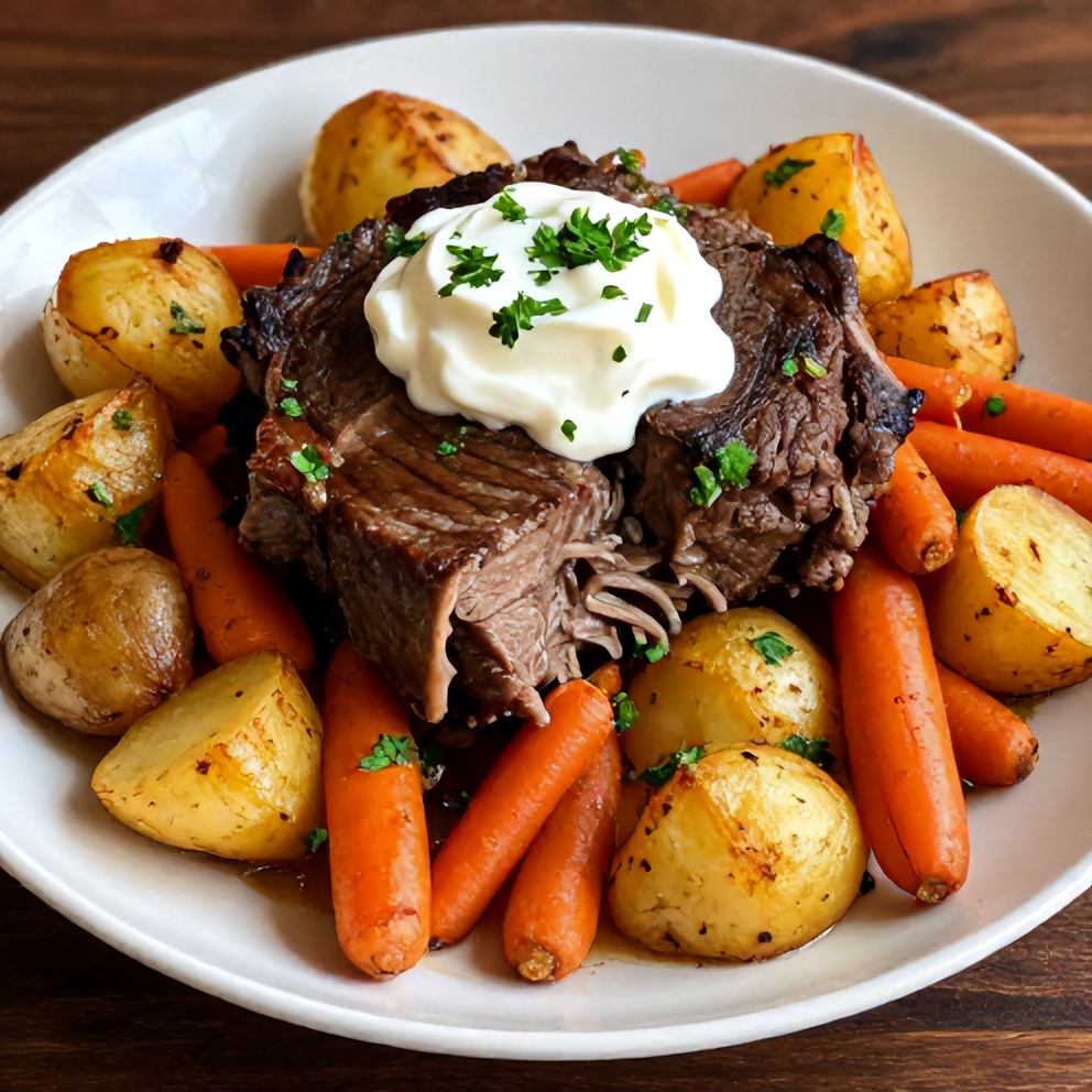 Plated Slow Cooker Chuck Roast with Potatoes and Carrots