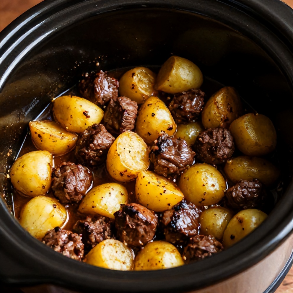Slow Cooker Garlic Butter Beef Bites with Potatoes