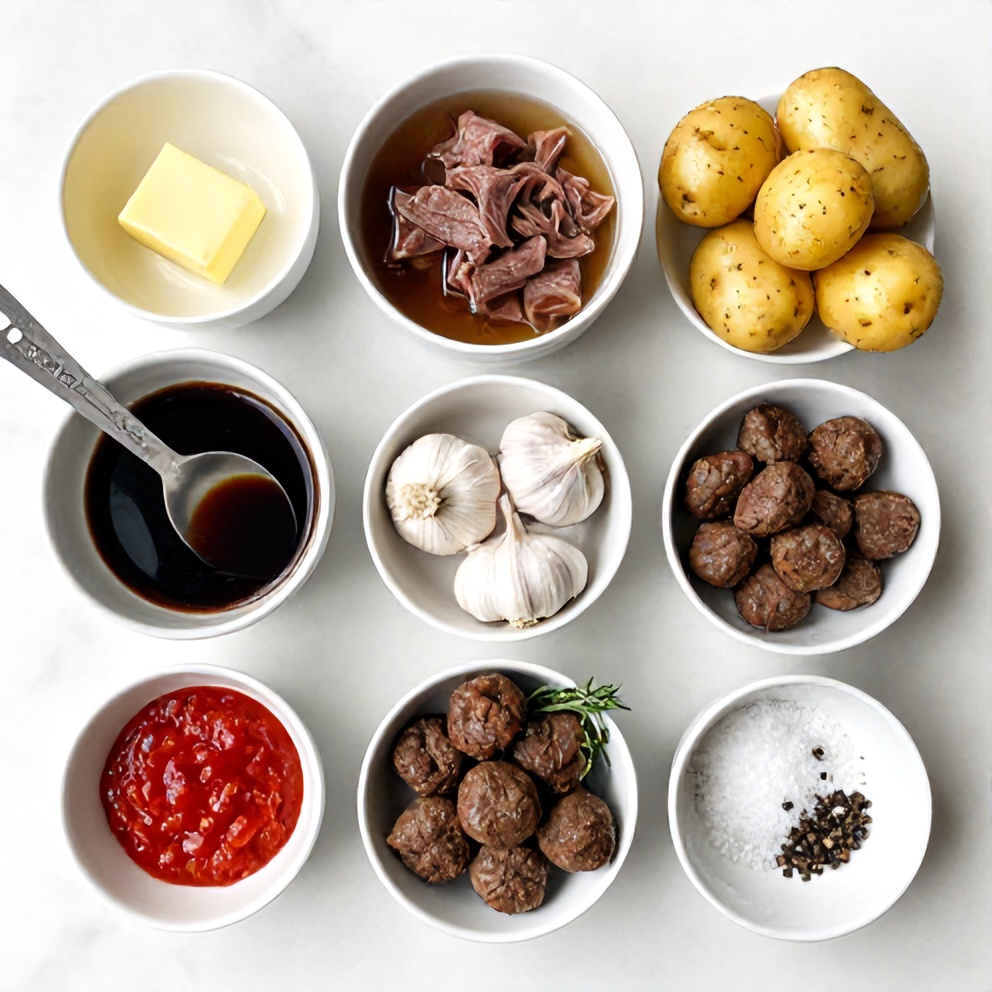 Raw ingredients for Garlic Butter Beef Bites with Potatoes