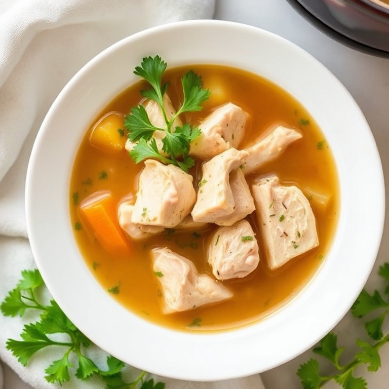 A perfectly plated bowl of slow cooker marry me chicken soup topped with fresh parsley. A white ceramic bowl highlights the golden broth and tender chicken.