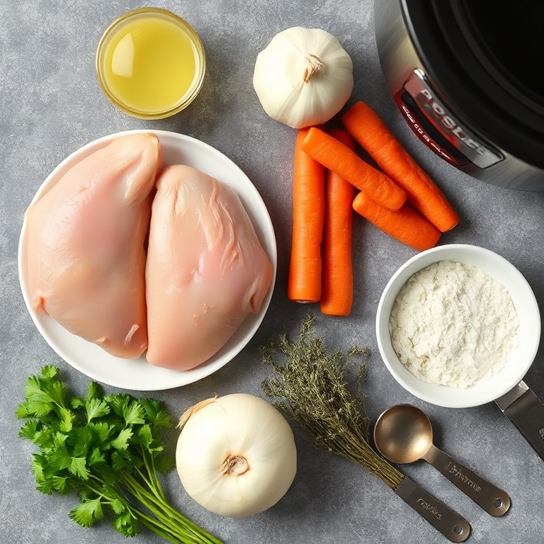Raw ingredients for slow cooker marry me chicken soup arranged in an overhead flat lay. Chicken thighs, onion, garlic, carrots, celery, and thyme are clearly visible with measuring tools nearby.