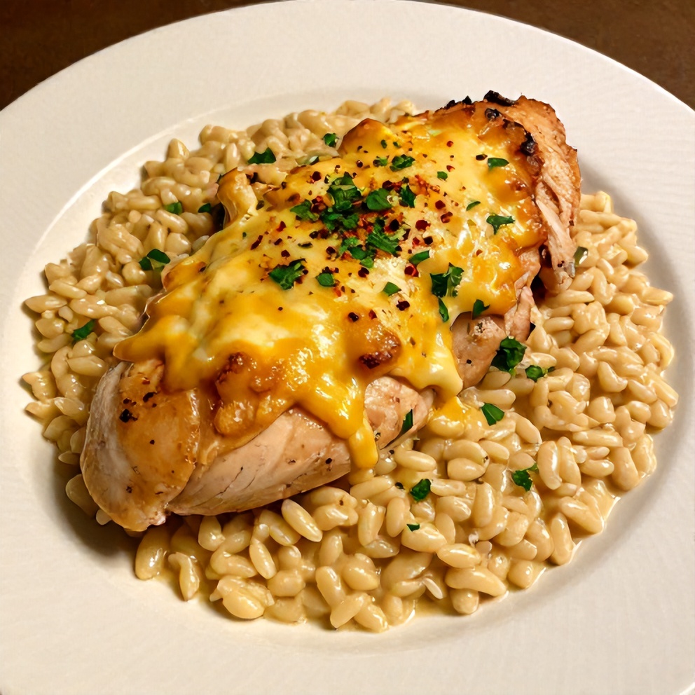 Plated serving of Slow Cooker Parmesan Herb Chicken with Creamy Orzo