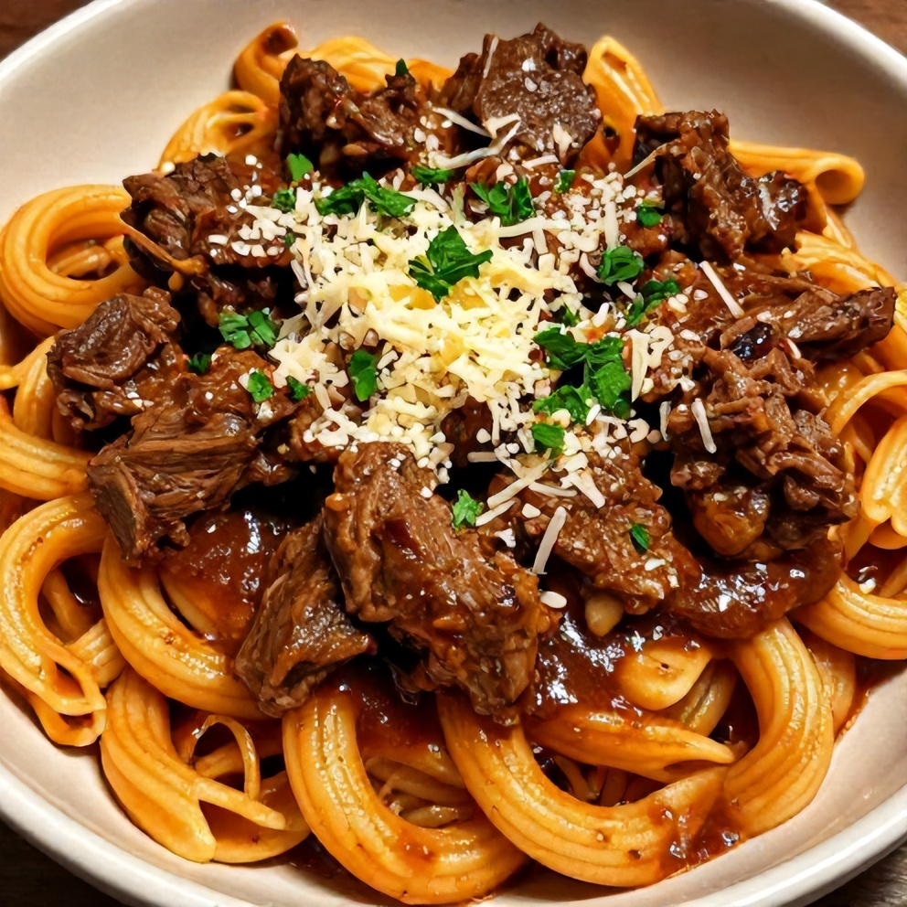 Plated Slow Cooker Short Rib Pasta with Red Wine Sauce