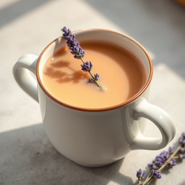 A single serving of Lavender Milk Tea in a white ceramic mug with a lavender sprig garnish, warm side lighting highlighting the texture.