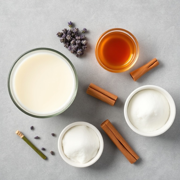 Raw ingredients for Lavender Milk Tea arranged in an overhead flat lay: milk, lavender buds, honey, cinnamon stick, and a small bowl of sugar.
