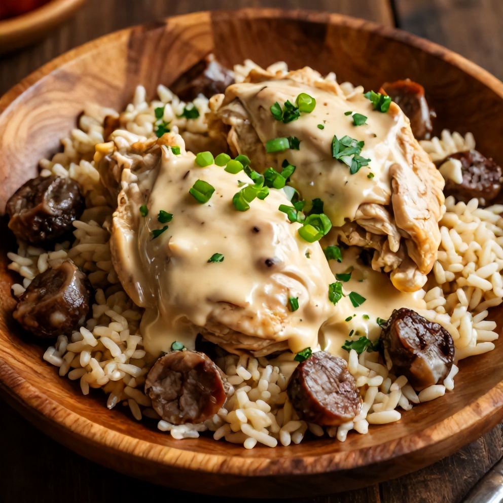 Plated Southern Chicken Bog with Sausage and Rice