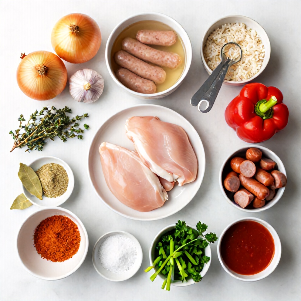 Raw ingredients for Southern Chicken Bog with Sausage and Rice