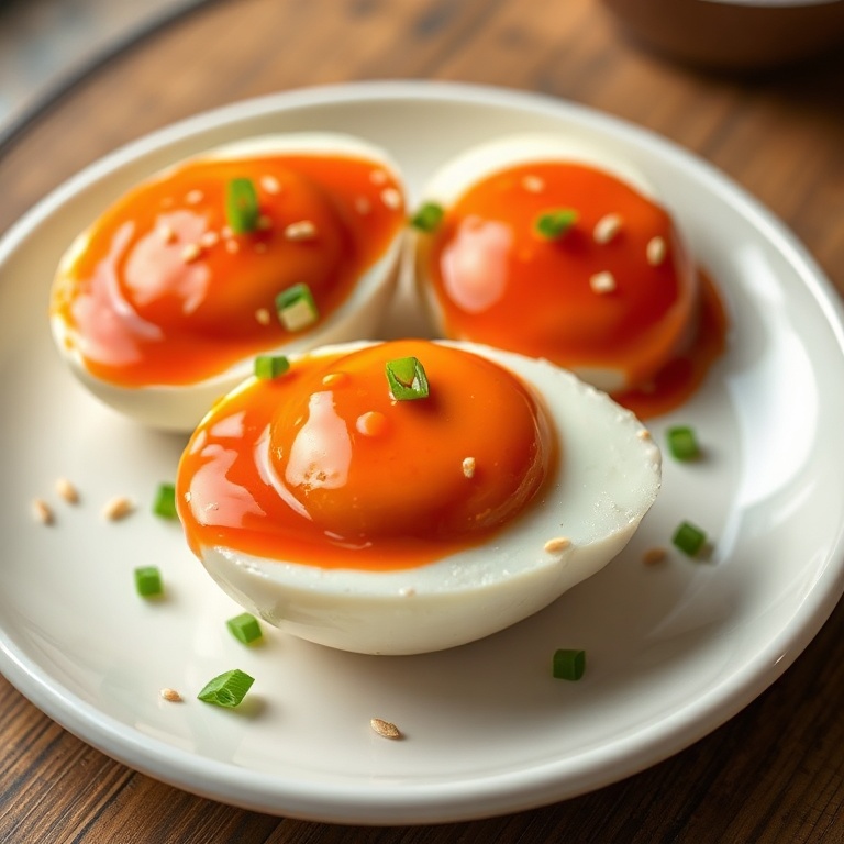 Spicy Gochujang Eggs plated on a white ceramic plate with sesame seeds and green onions. Close-up showing the glaze and texture.