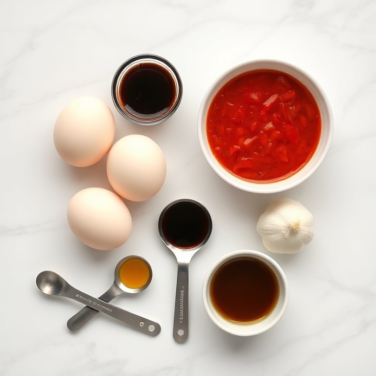 Eggs, gochujang, soy sauce, garlic, and sesame oil arranged in a flat lay. Measuring spoons and bowls visible on a white marble surface.