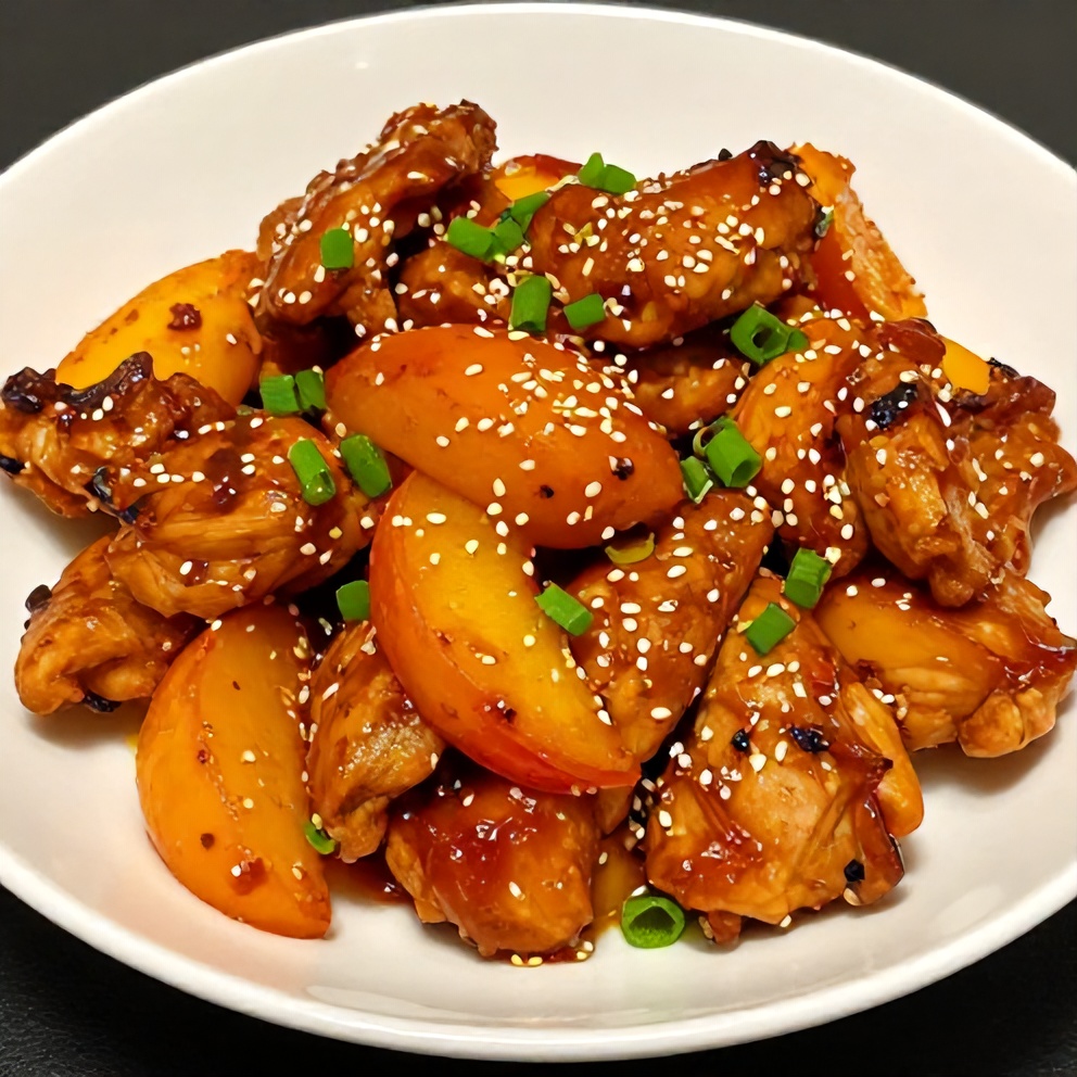 Plated Spicy Jalapeño Peach Chicken with garnish