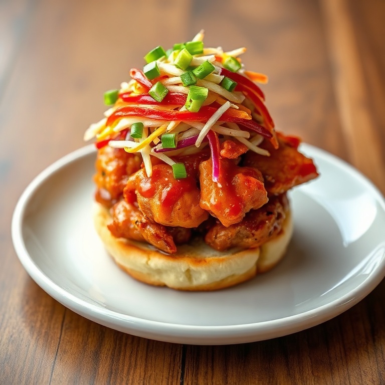 One spicy Korean BBQ chicken sandwich topped with colorful slaw and sliced scallions, served on a white round plate, close-cropped with warm light highlighting glossy, sticky sauce and crunch.
