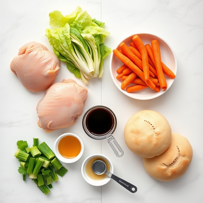 Overhead view showing raw chicken breasts, Napa cabbage, carrots, gochujang, and fresh buns as the five most prominent ingredients with measuring spoons and small bowls on white marble.