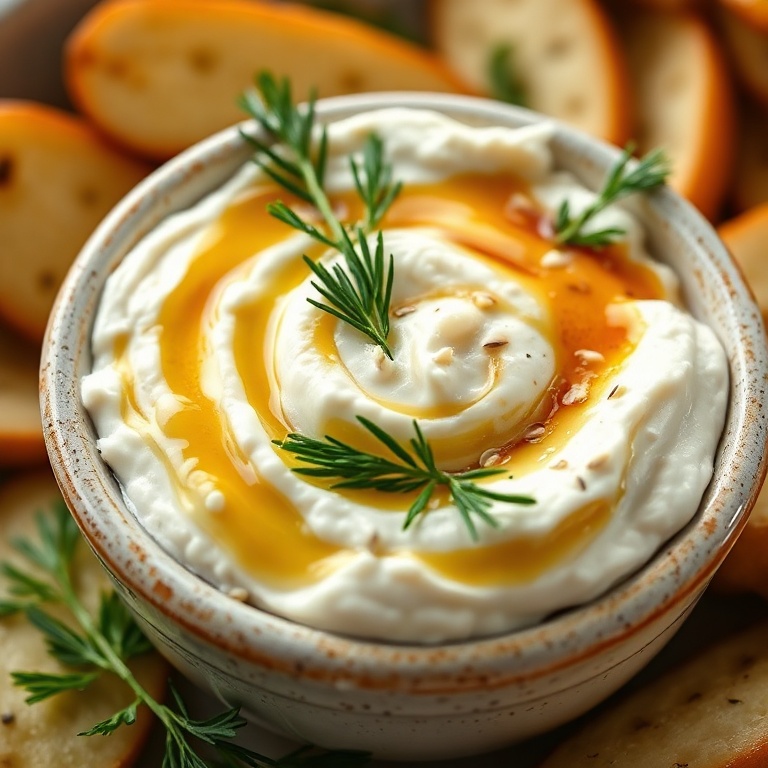 Spicy Ricotta Dip in a small ceramic bowl. Garnished with fresh dill and sesame seeds. Close crop showing the creamy texture and golden honey drizzle.