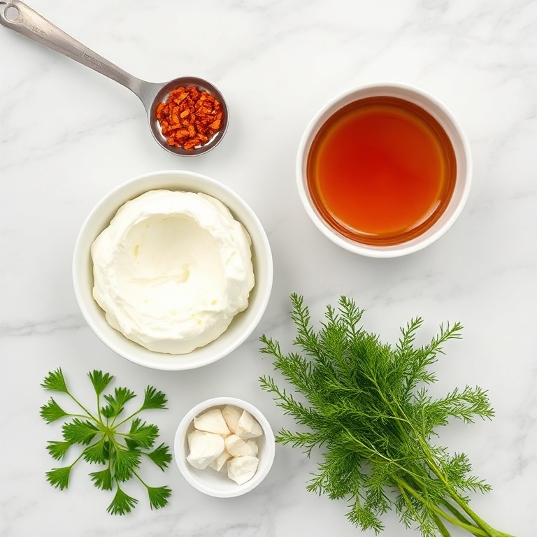 Raw ingredients for Spicy Ricotta Dip. Ricotta cheese, honey, chili flakes, garlic, and fresh dill arranged in a flat lay. Measuring spoons and bowls visible.