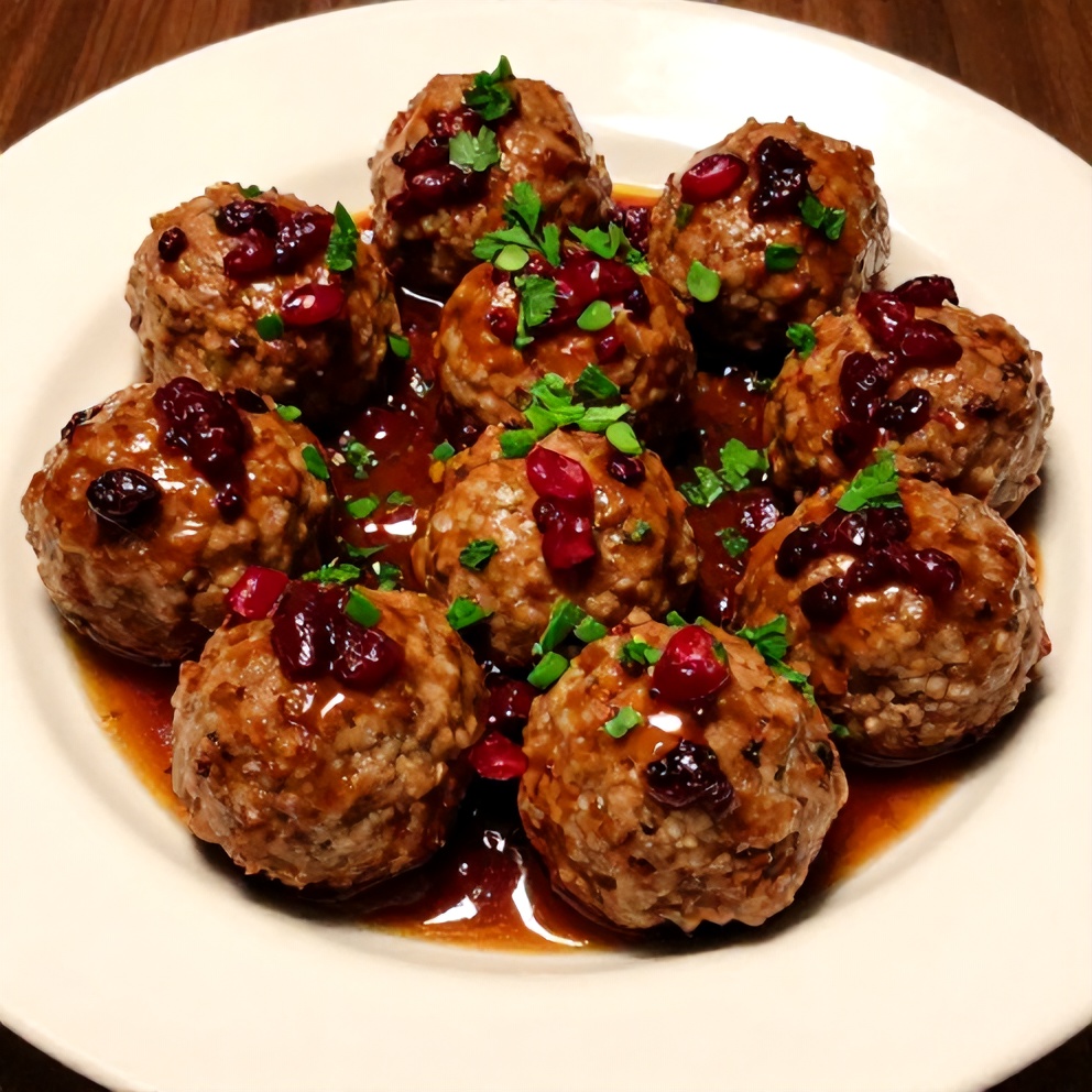 Plated Sweet and Tangy Cranberry Meatballs with garnish