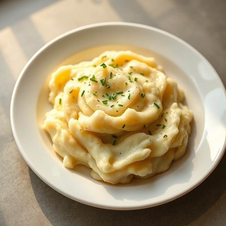 Plated vegan mashed potatoes with a sprinkle of chives on a white ceramic plate, warm side lighting highlighting texture.