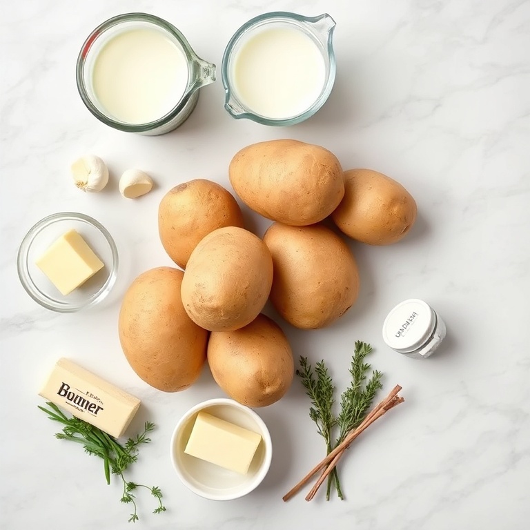 Overhead flat lay of potatoes, soy milk, vegan butter, garlic, and thyme. Measuring cups and bowls visible on a white marble surface.