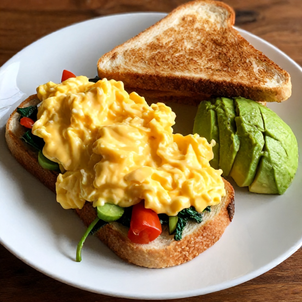 Veggie Scrambled Eggs on Toast with Avocado