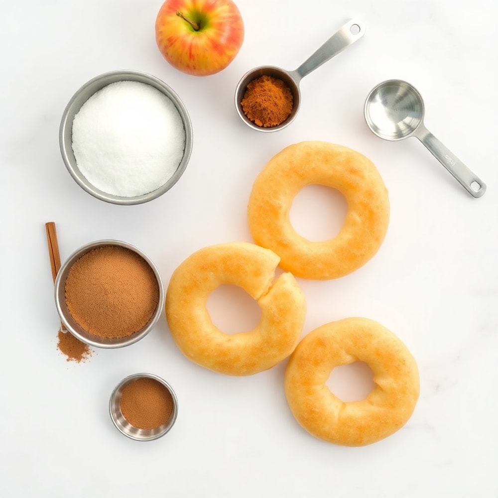 Raw ingredients for Air Fryer Cinnamon Apple Rings on a white marble surface