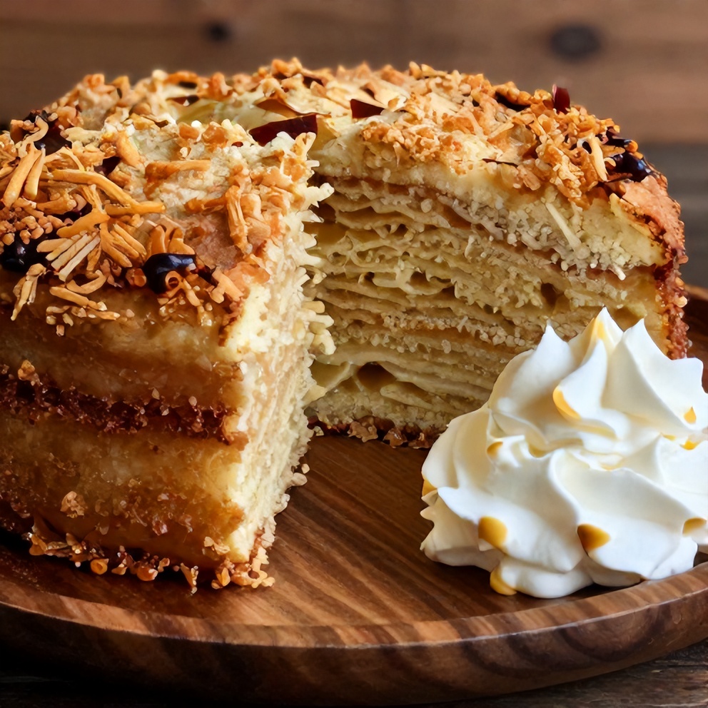 Sliced Appalachian Apple Stack Cake on a plate with a side of whipped cream