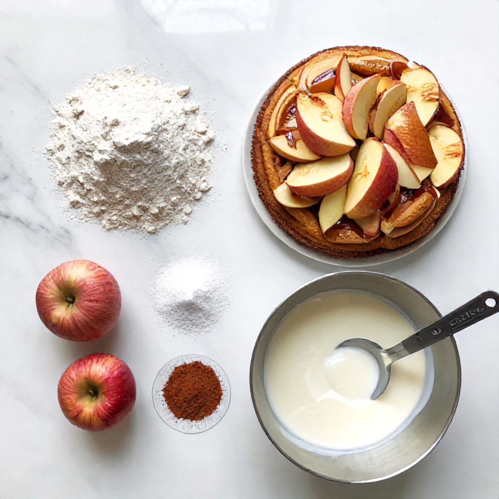 Raw ingredients for Appalachian Apple Stack Cake including apples, flour, and spices