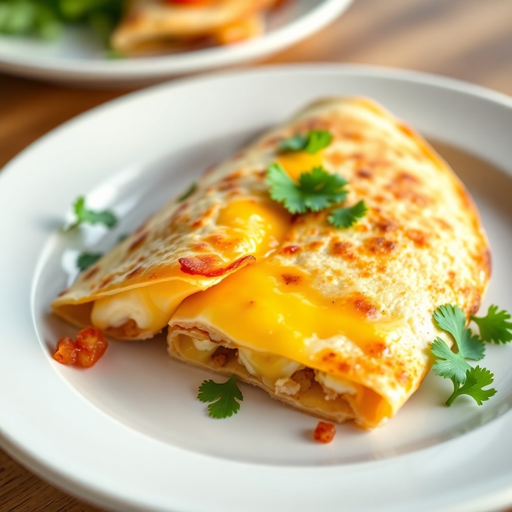 Plated bacon egg cheese quesadillas