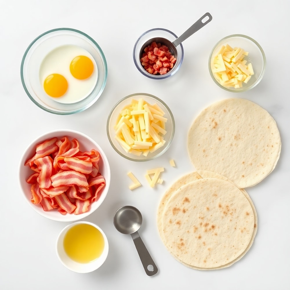 Raw ingredients for bacon egg cheese quesadillas