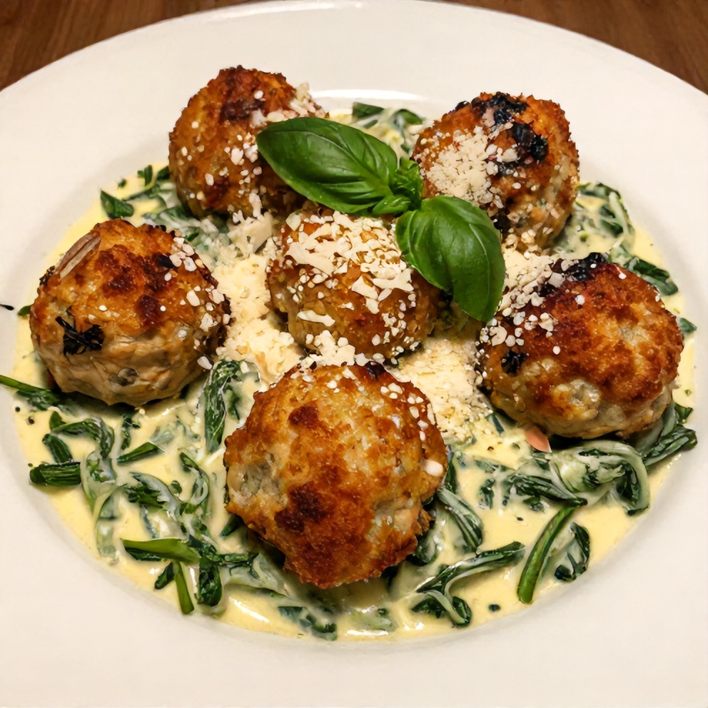 Plated baked chicken ricotta meatballs with creamy spinach alfredo