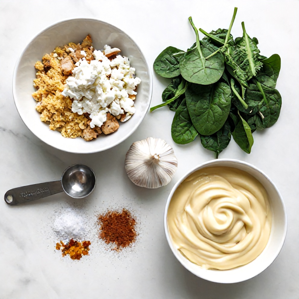 Raw ingredients for baked chicken ricotta meatballs with spinach alfredo
