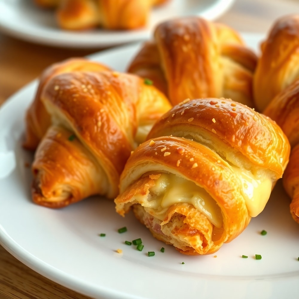 A plated serving of Baked Ham and Cheese Croissants