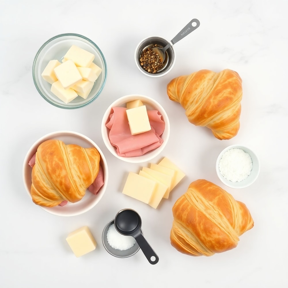 Ham, cheese, butter, and croissants on a marble surface