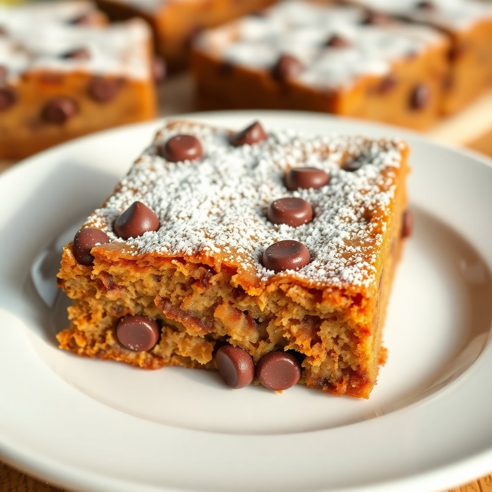 Plated Banana Bread Brownies with a dusting of powdered sugar