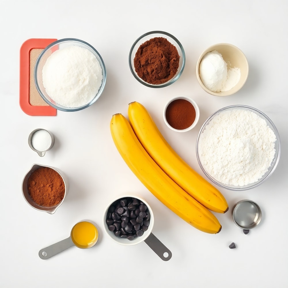 Raw ingredients for Banana Bread Brownies including ripe bananas, chocolate chips, and flour