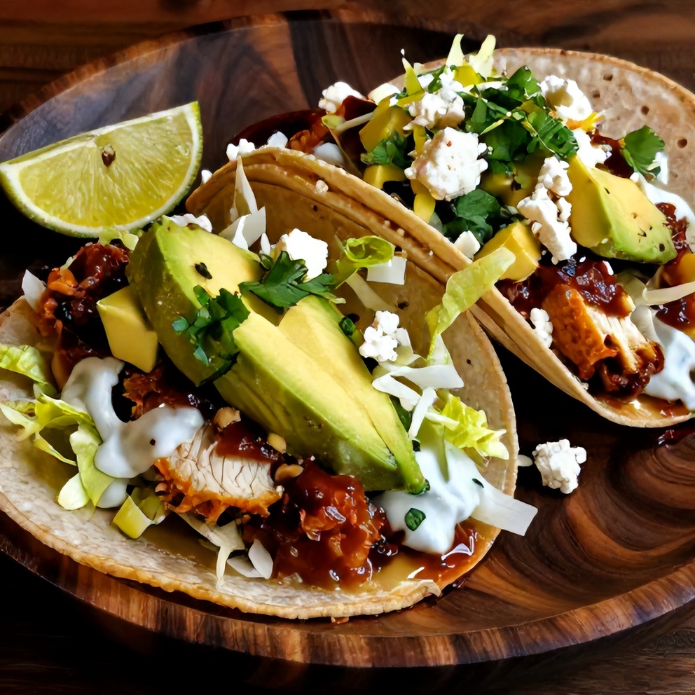 Plated BBQ Ranch Chicken Tacos with avocado and lime