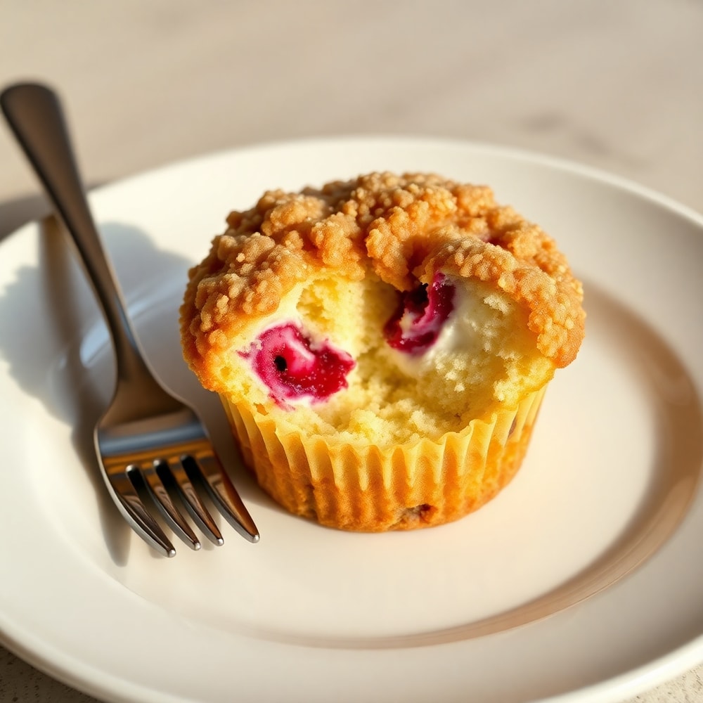 Plated berry cream cheese muffin with streusel topping