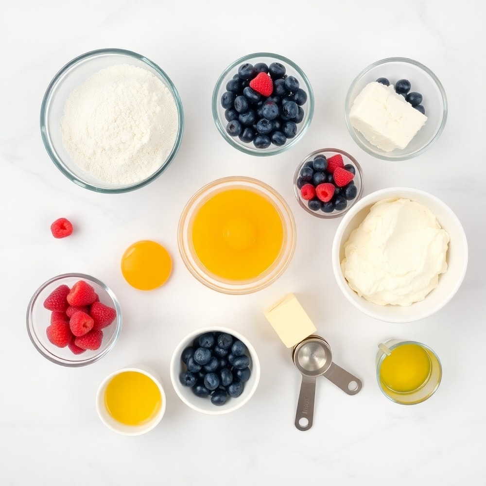 Raw ingredients for berry cream cheese muffins: flour, sugar, eggs, cream cheese, berries, streusel topping