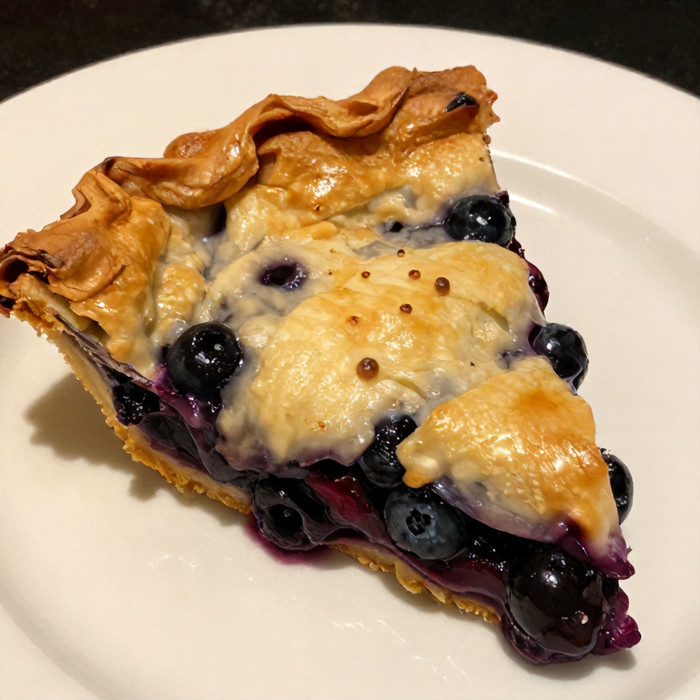 Perfect slice of blueberry pie on a white plate